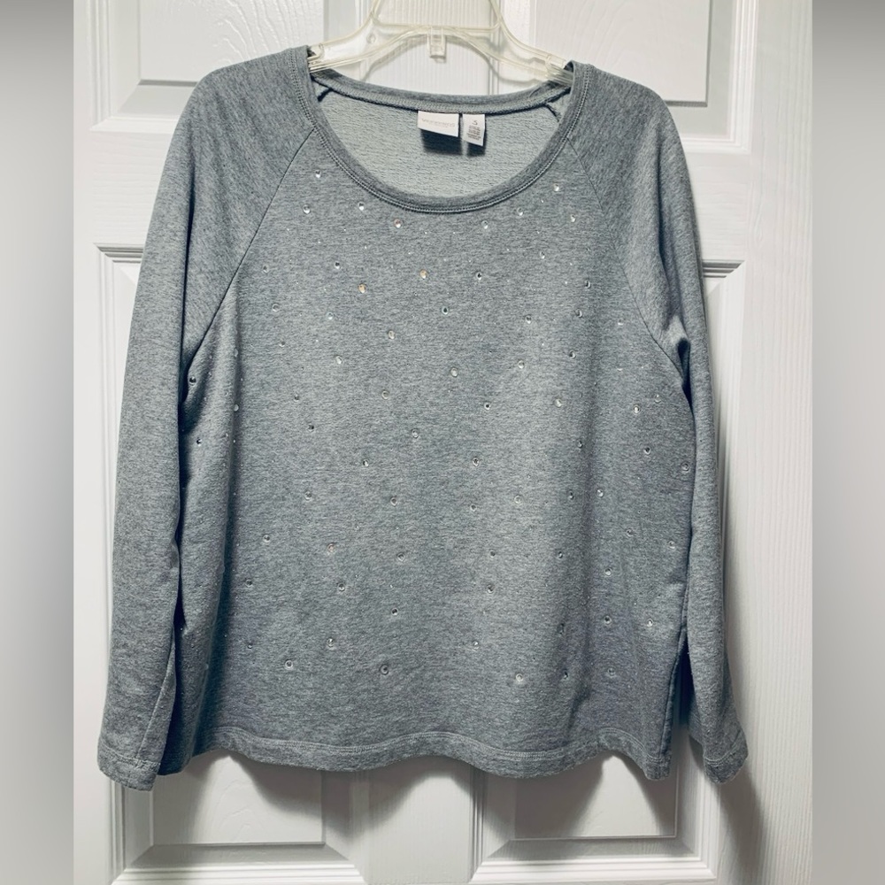 Pullover Top with Rhinestones, Gray, Size 3, Weekends by Chicos